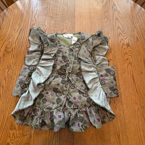 Anthropologie NWT Green Floral Quilted Ruffle Vest Tie Detail OS One Size NEW - Picture 7 of 11